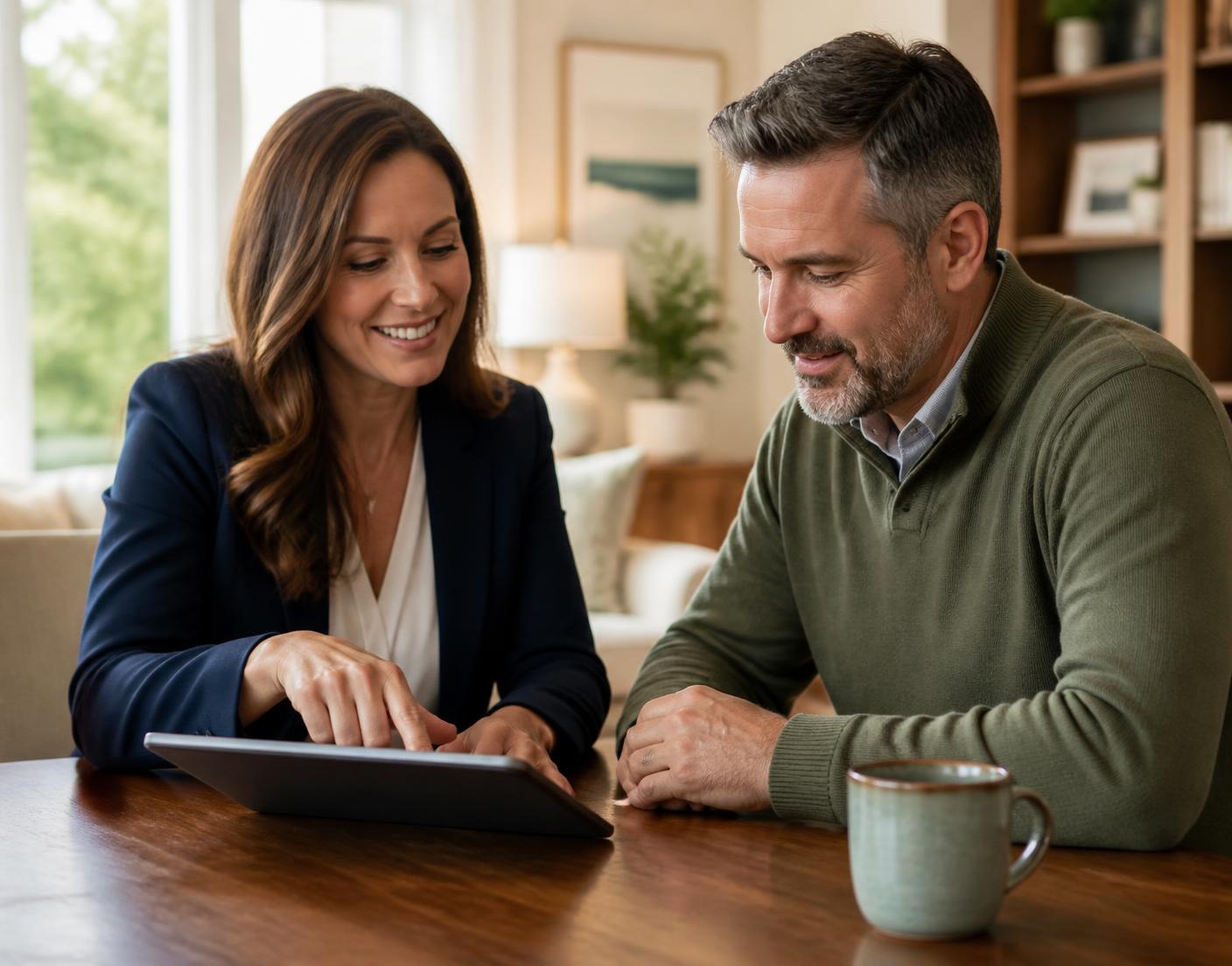 A licensed insurance agent sitting beside a consumer, guiding them through coverage options at a table