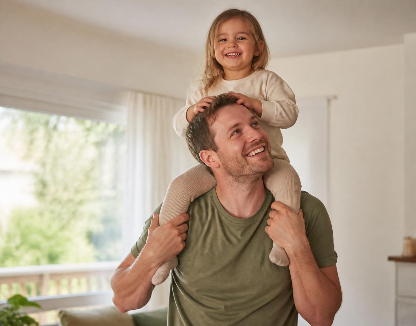 A father smiling as he carries his young daughter on his shoulders in a bright living room