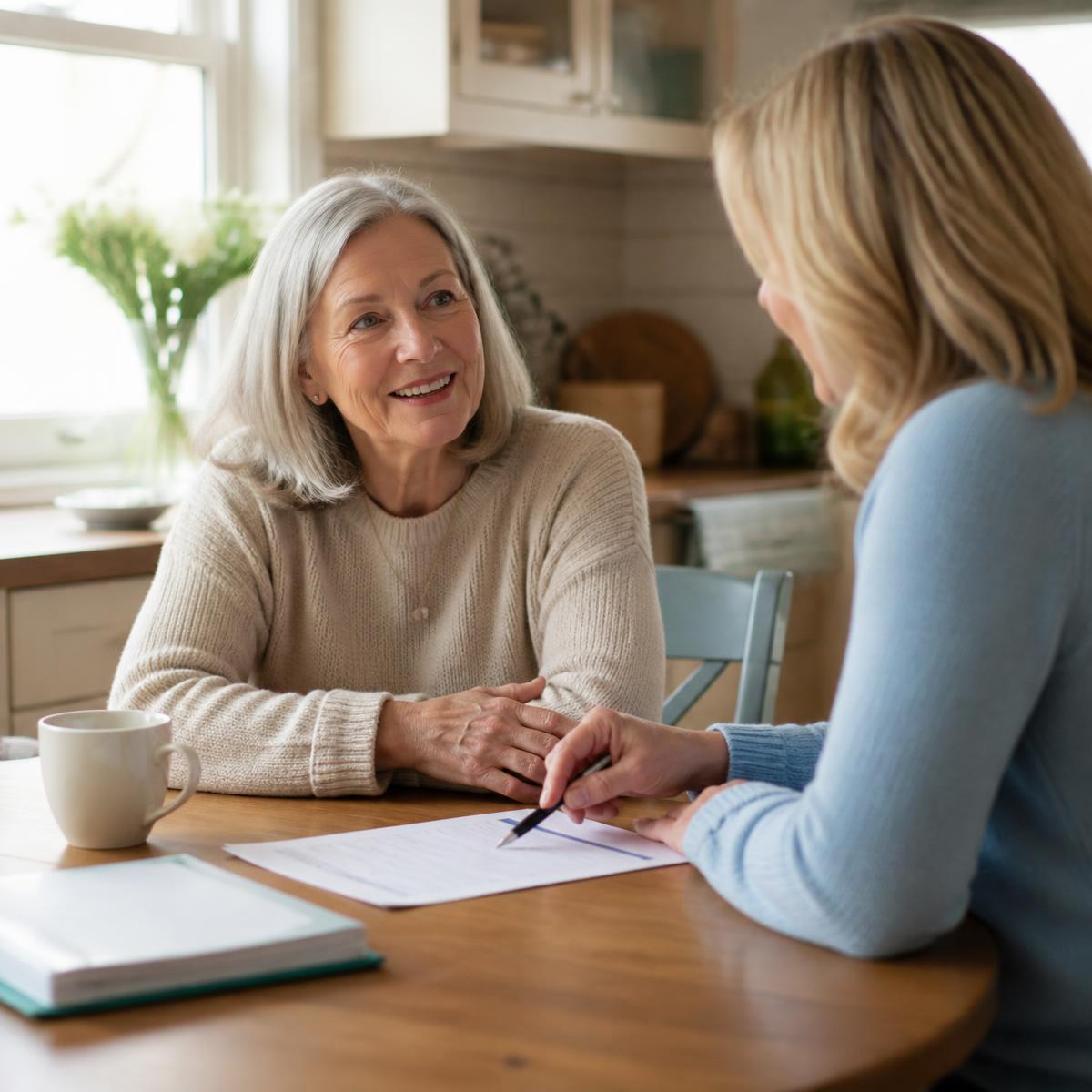 An older woman talking comfortably with a knowledgeable professional at her kitchen table